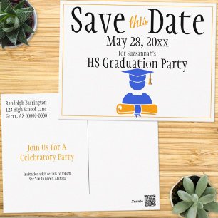 Graduation Save The Date Minimalist Blue Orange Postcard