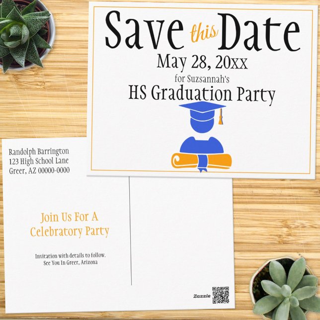 Graduation Save The Date Minimalist Blue Orange Postcard (Creator Uploaded)
