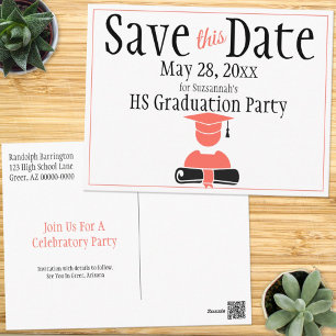 Graduation Save The Date Minimalist Coral Black Postcard