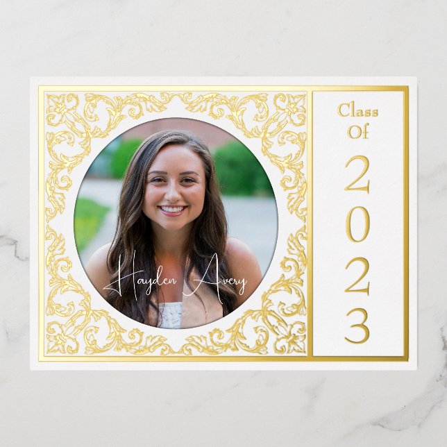 Graduation Save The Date Photo Gold Foil Holiday Postcard (Front)