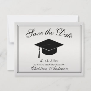Graduation Save the Date Silver Black Script Cap Announcement