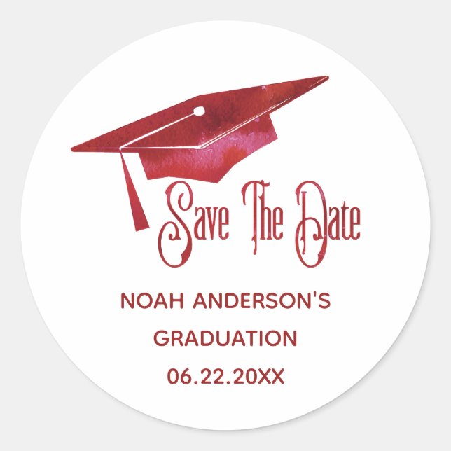 Graduation Save The Date Simple Modern Red Grad Classic Round Sticker (Front)