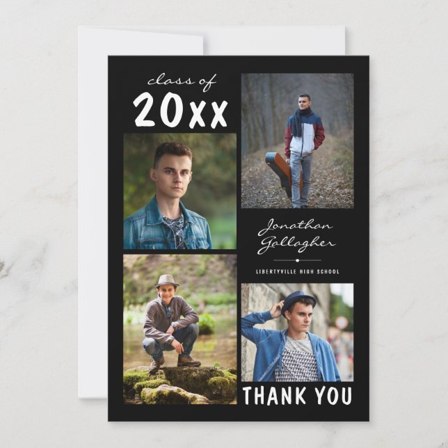 Graduation Script Bold Photo Collage Black Thank You Card (Front)
