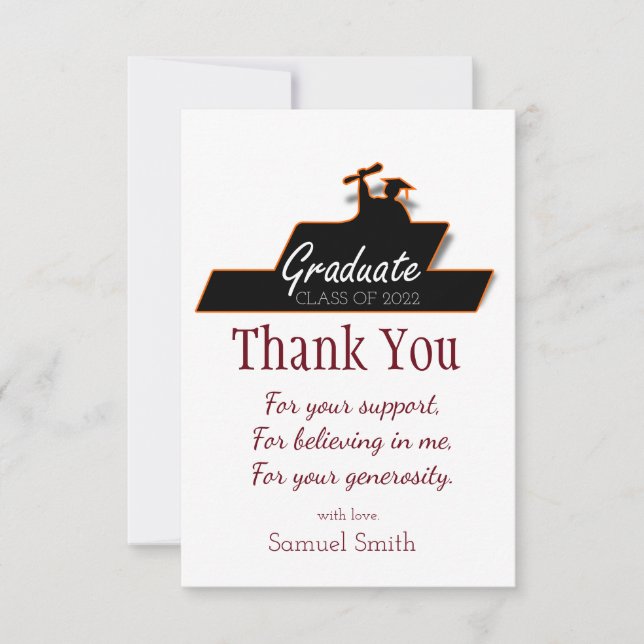 Graduation Script Burgundy and White Scroll  Thank You Card (Front)