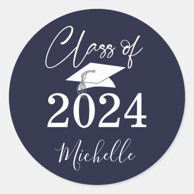 Graduation Script Class of 2024 Navy Blue Classic Round Sticker (Front)