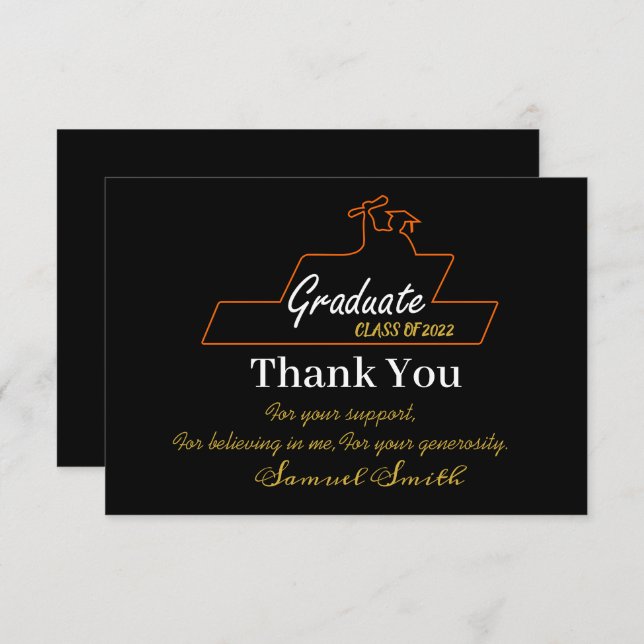 Graduation Script Gold & Black Class of  Thank You Card (Front/Back)