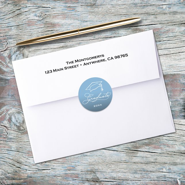 Graduation Script Powder Blue Envelope Seal (Graduation script and grad hat on powder blue envelope seals)