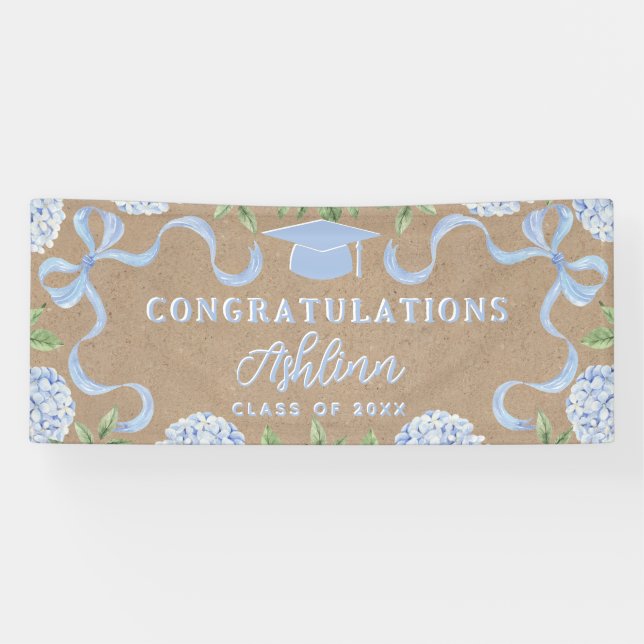 Graduation Sign, Kraft Coloured Blue Hydrangea Banner (Horizontal)