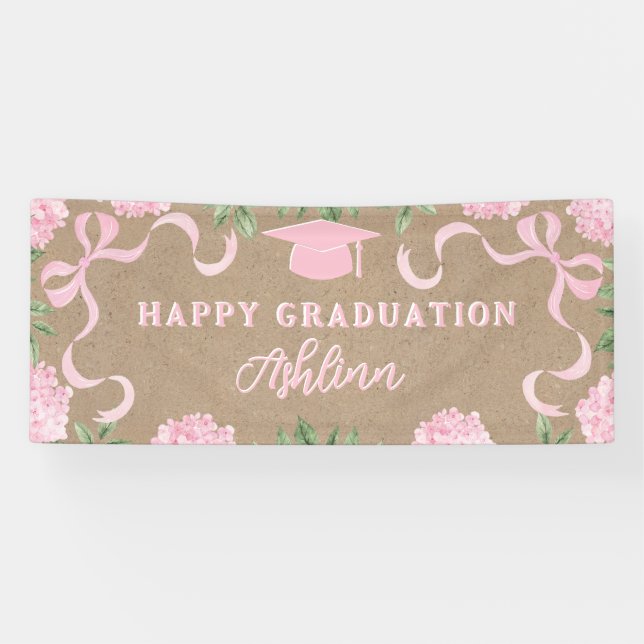 Graduation Sign, Kraft Coloured Pink Hydrangea  Banner (Horizontal)