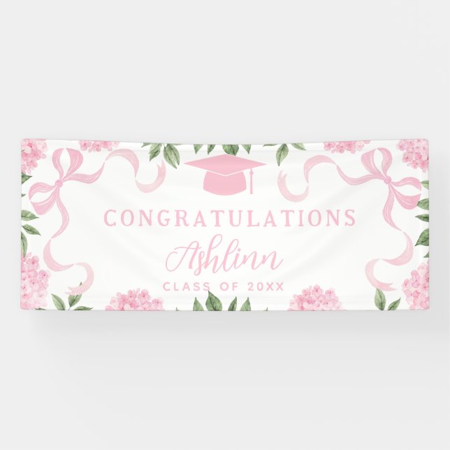 Graduation Sign, Pink Hydrangea, White Banner (Horizontal)