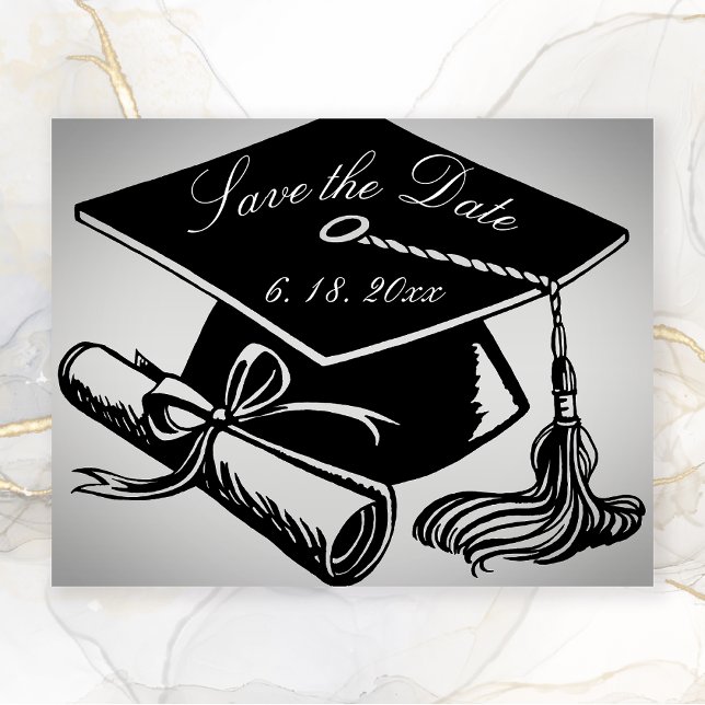 Graduation Silver Black Cap Diploma Save the Date Announcement (Graduation SAve the Date Silver with Black graduation cap and diploma)