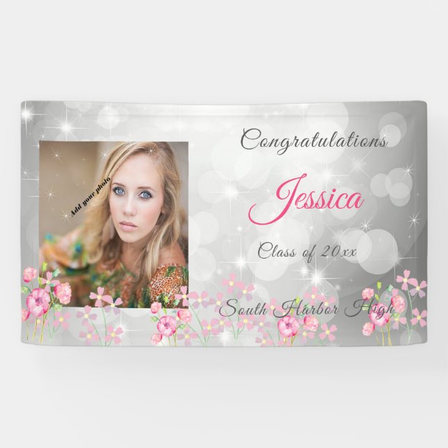 Graduation Silver Bokeh, Pink Flowers, Custom Banner (Horizontal)