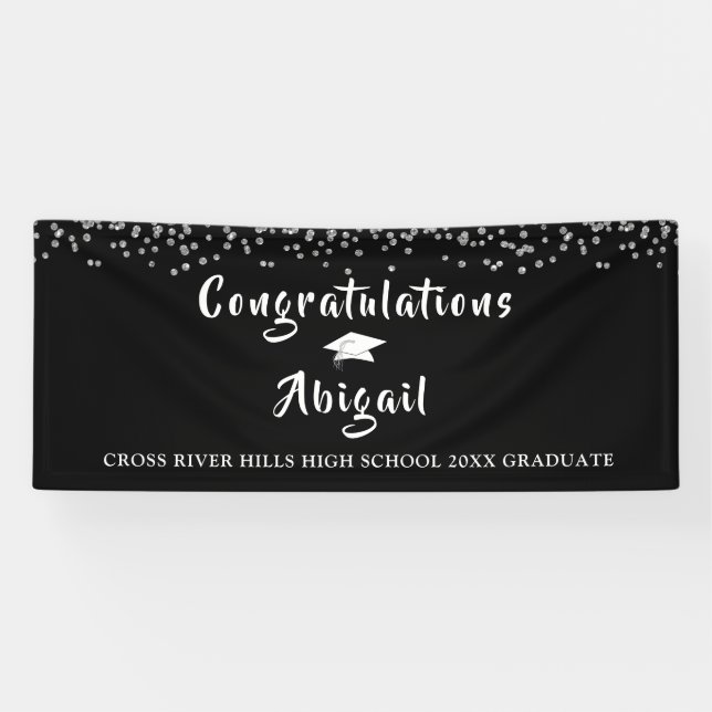 Graduation Silver Confetti Brush Script Black Banner (Horizontal)