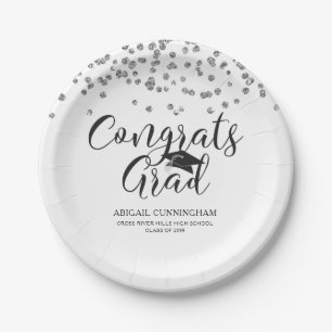 Graduation Silver Confetti Script CONGRATS GRAD Paper Plate
