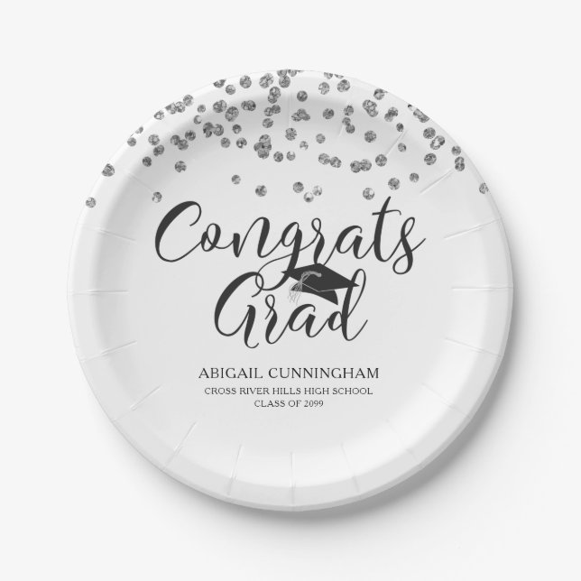 Graduation Silver Confetti Script CONGRATS GRAD Paper Plate (Front)
