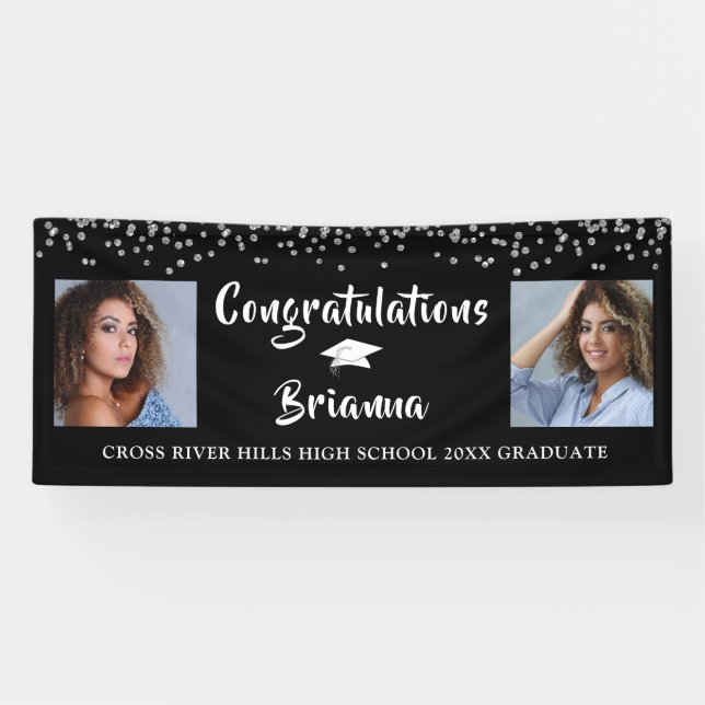Graduation Silver Confetti Script Photo Black Banner (Horizontal)
