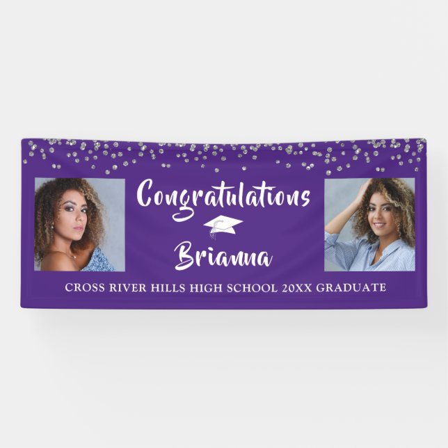 Graduation Silver Confetti Script Photo Purple Banner (Horizontal)
