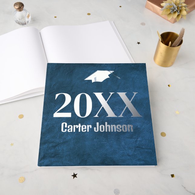 Graduation Silver Foil On Blue Leather Guest Book (Front Open)