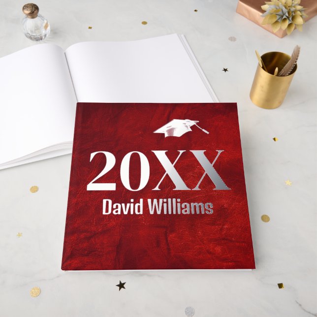 Graduation Silver Foil On Red Leather Guest Book (Front Open)