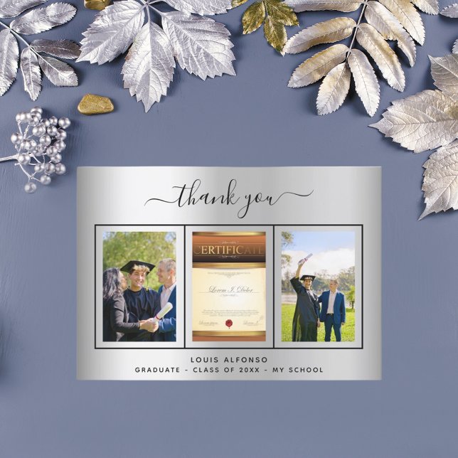 Graduation silver graduate photo script thank you card (Creator Uploaded)
