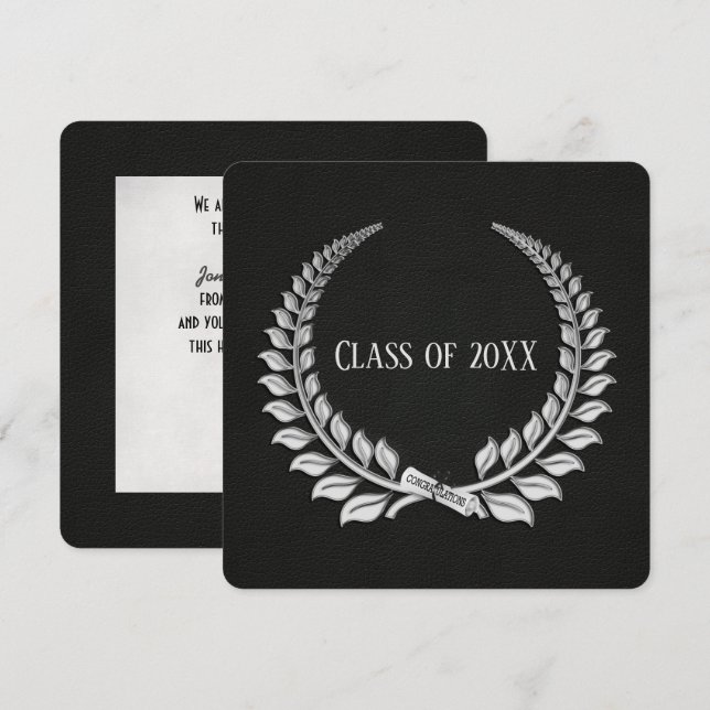 Graduation Silver Laurel on Black Leather Invitation (Front/Back)