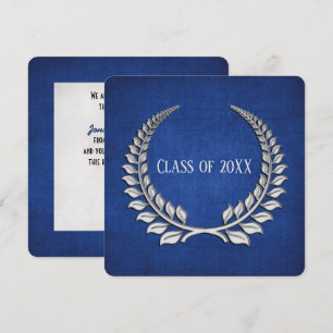 Graduation Silver Laurel on Blue Invitation