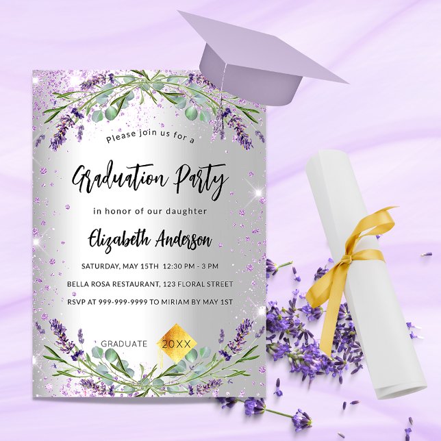 Graduation silver lavender eucalyptus floral invitation (Creator Uploaded)