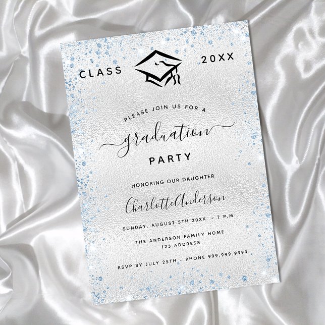 Graduation silver light blue glitter luxury invitation (Creator Uploaded)