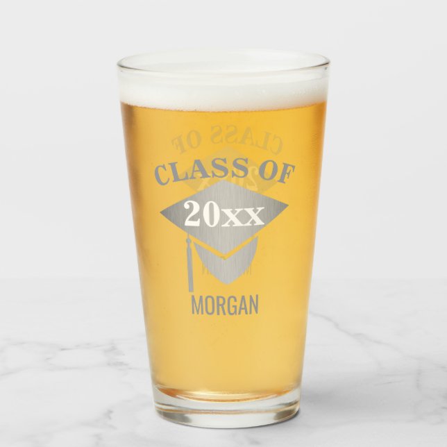 Graduation Silver Mortarboard Tassel Fun Reunion Glass (Front Filled)