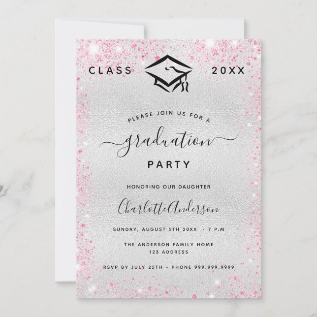 Graduation silver pink glitter modern invitation (Front)