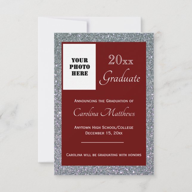 Graduation Silver Sparkle Maroon Announcement (Front)
