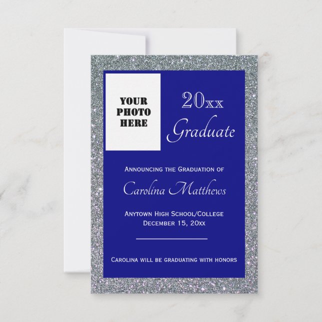 Graduation Silver Sparkle Navy Blue Announcement (Front)