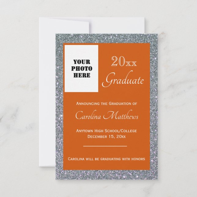 Graduation Silver Sparkle Orange Announcement (Front)