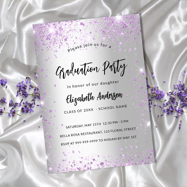 Graduation silver violet purple sparkles invitation postcard (Creator Uploaded)