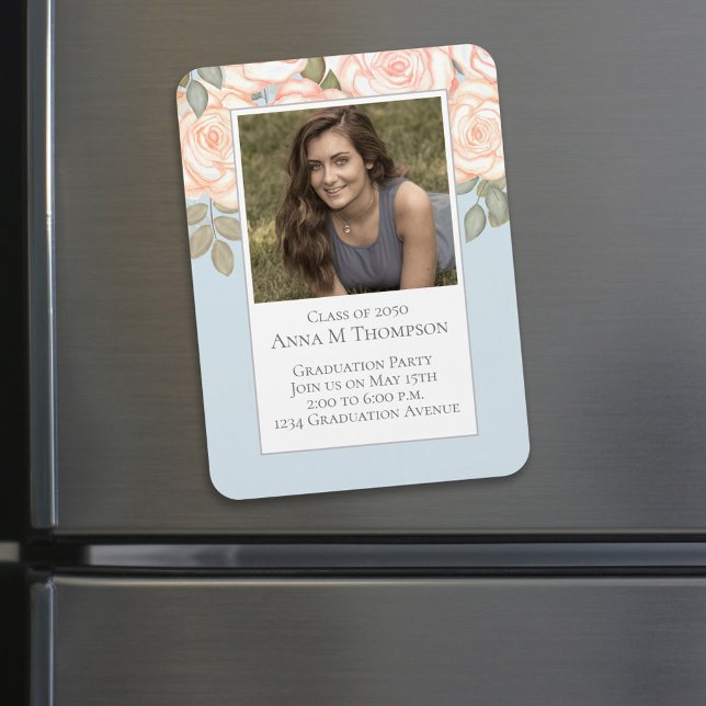 Graduation Simple Photo Floral Rose Light Blue Magnet (Creator Uploaded)