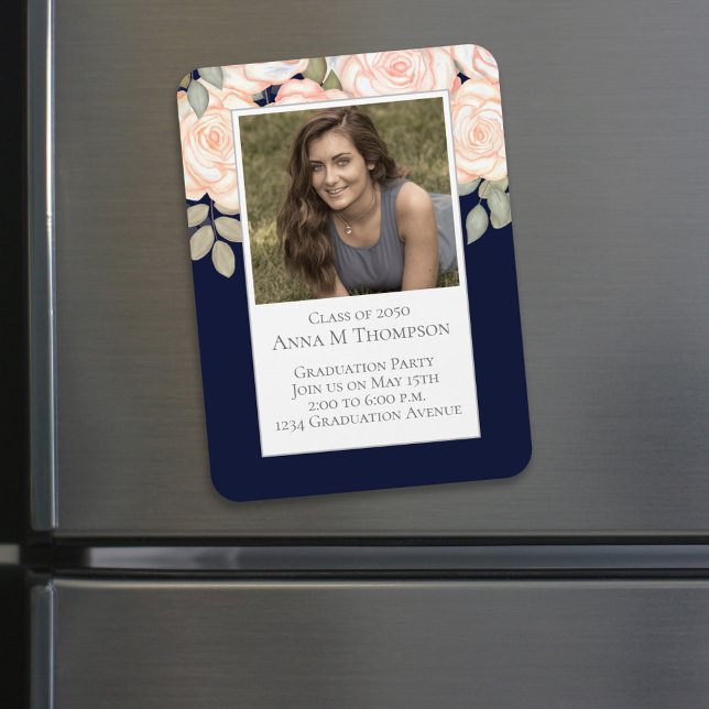 Graduation Simple Photo Floral Rose Navy Blue Magnet (Creator Uploaded)