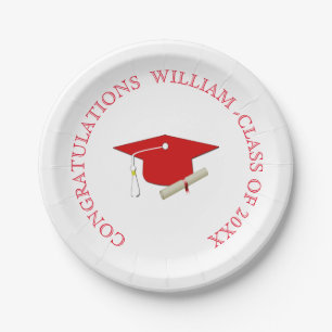 Graduation, Simple, Red and White, Mortarboard, Paper Plate