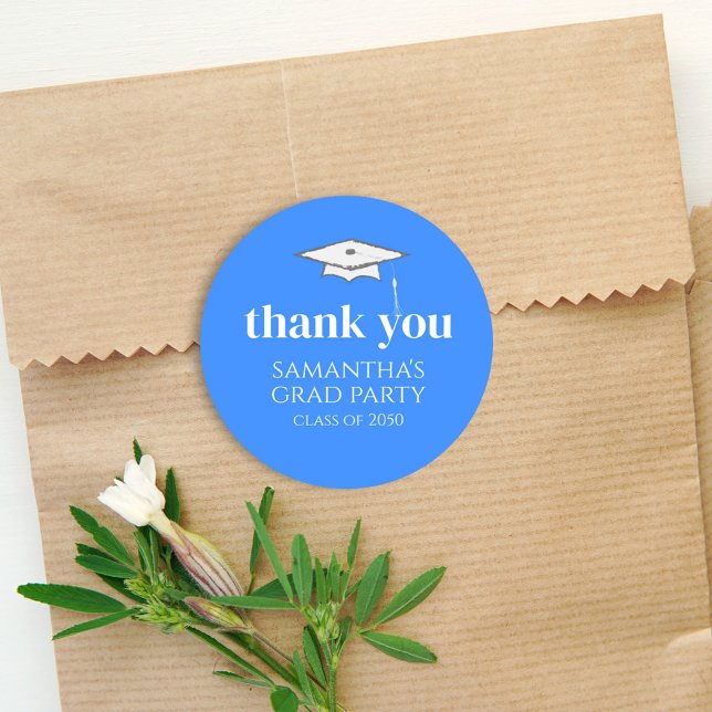 Graduation Simple Thank You Minimalist Blue Classic Round Sticker (Creator Uploaded)