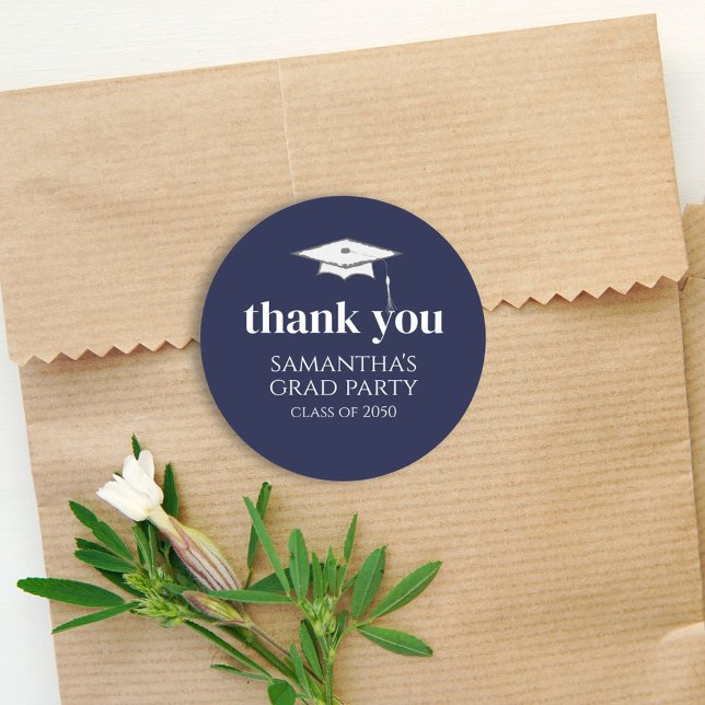 Graduation Simple Thank You Minimalist Navy Blue Classic Round Sticker (Creator Uploaded)