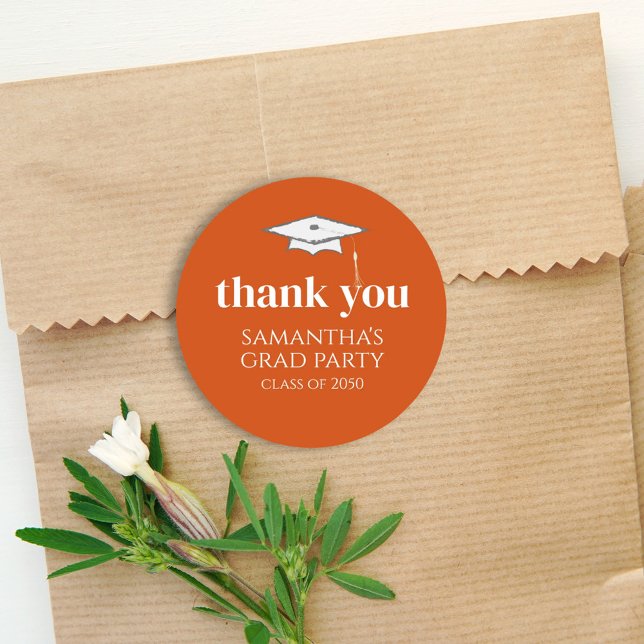 Graduation Simple Thank You Minimalist Orange Classic Round Sticker (Creator Uploaded)