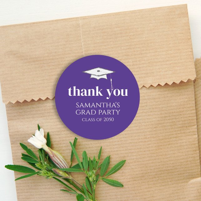 Graduation Simple Thank You Minimalist Purple Classic Round Sticker (Creator Uploaded)