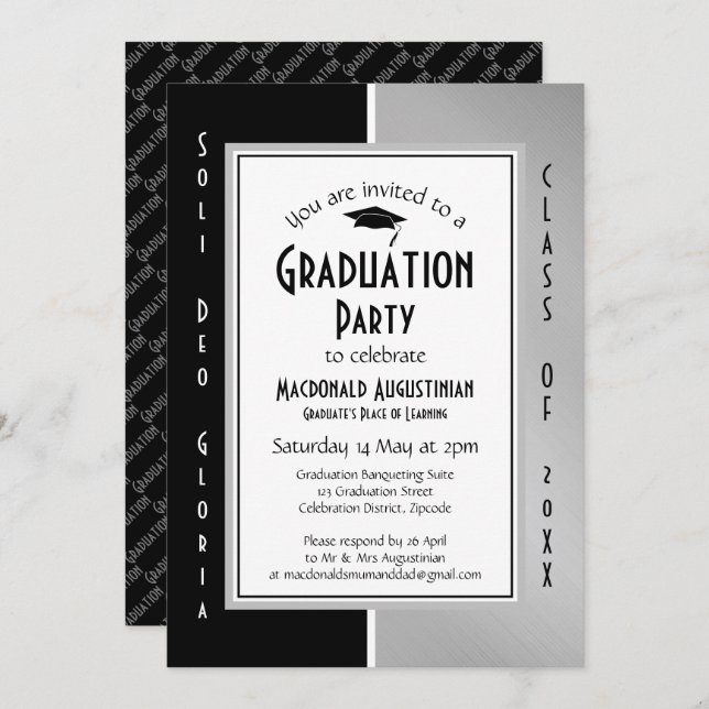 GRADUATION Soli Deo Gloria Black Silver Grey Invitation (Front/Back)