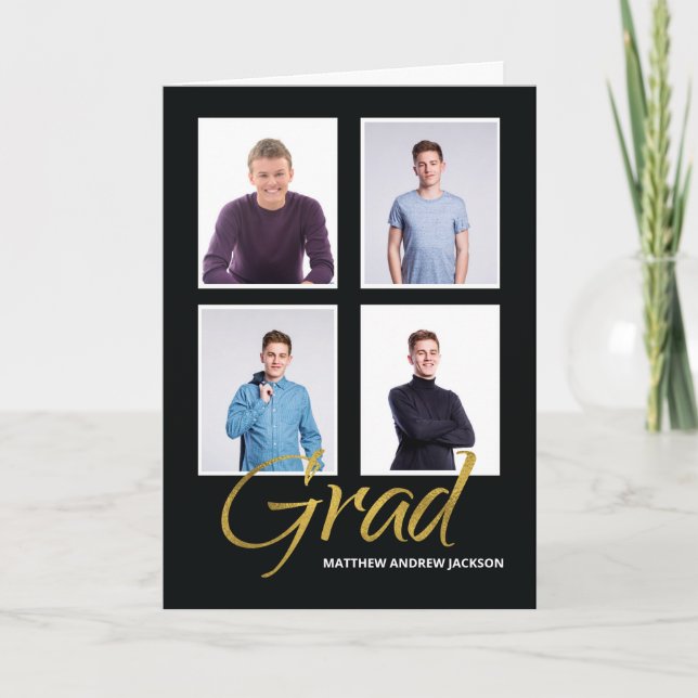 Graduation Son Four Photo Customisable Announcemen Card (Front)