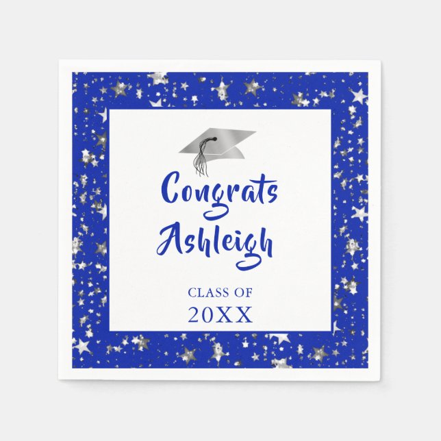 Graduation Stars Brush Script Royal Blue Napkin (Front)