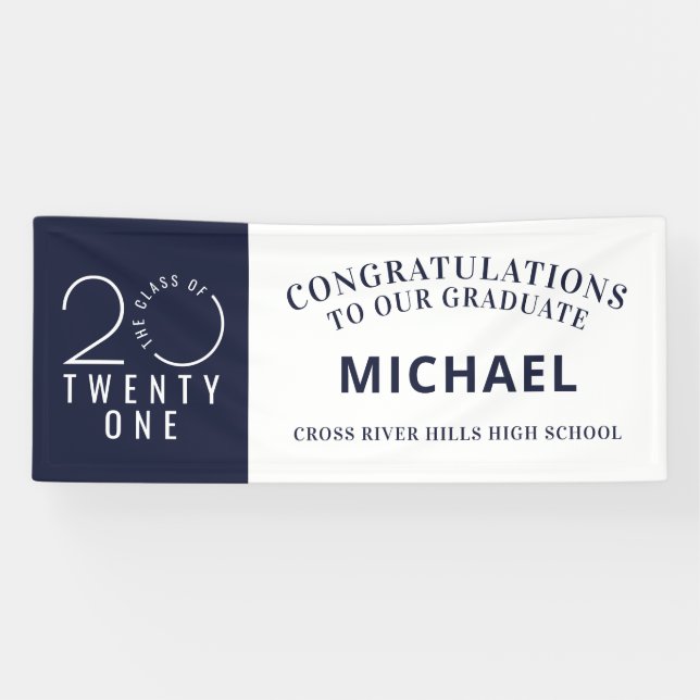 Graduation Stylish Minimal CLASS OF 2021 Navy Blue Banner (Horizontal)