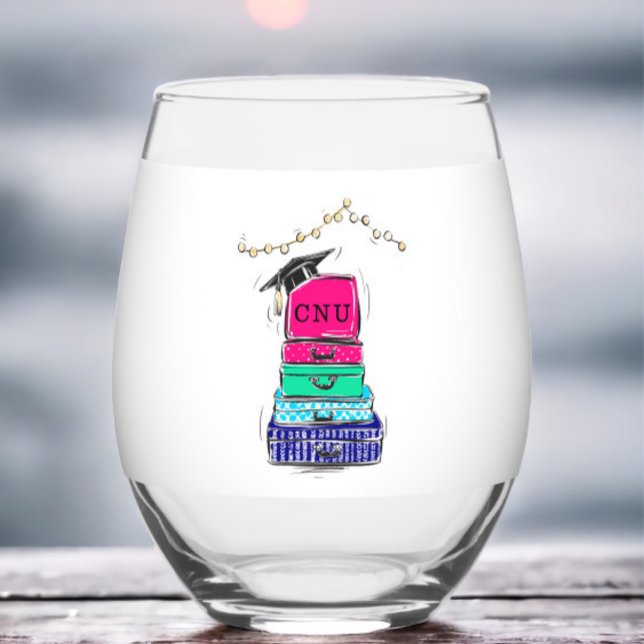 Graduation Suitcases Personalised College Initials Stemless Wine Glass (Creator Uploaded)