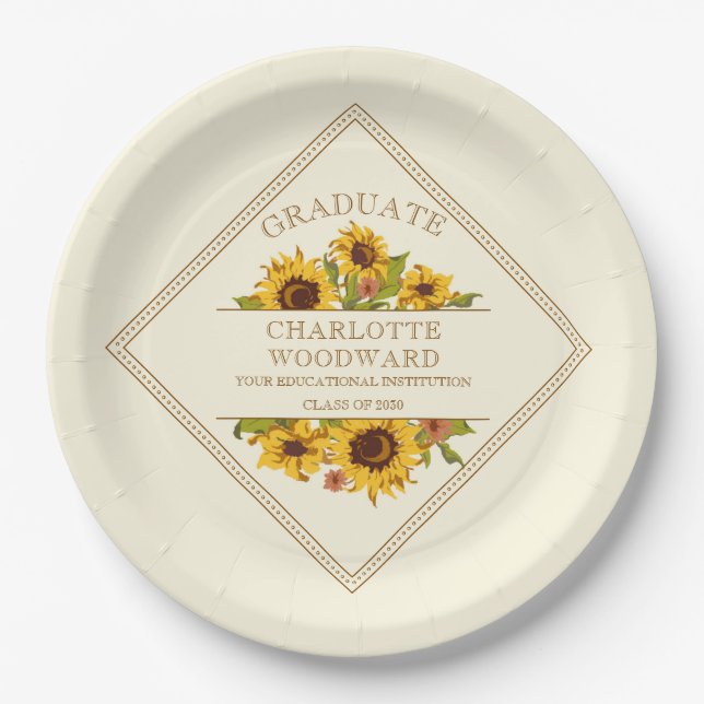 Graduation Sunflowers Floral Graduation  Paper Plate (Front)