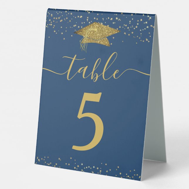 Graduation Table Number Blue Gold Glitter Cap (Back)