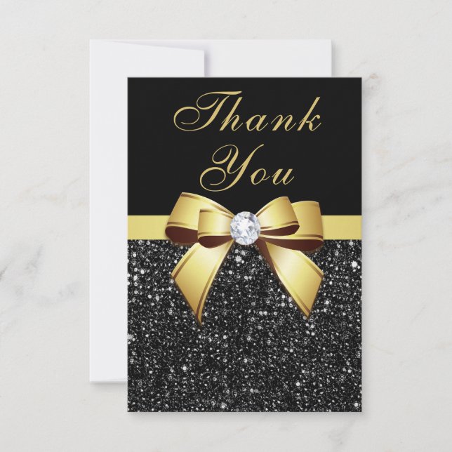 Graduation Thank You Black Sequins Gold Bow Card (Front)
