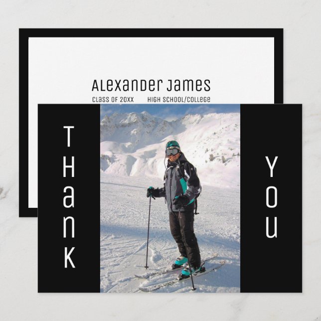 Graduation Thank You Bold Black & White Grad Photo Announcement (Front/Back)